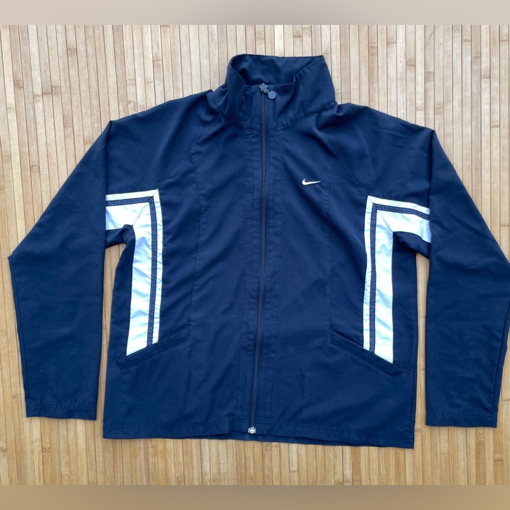 Vintage Y2K Nike Track Suit Jacket Women Navy Blue White Stripe size Large 12-14